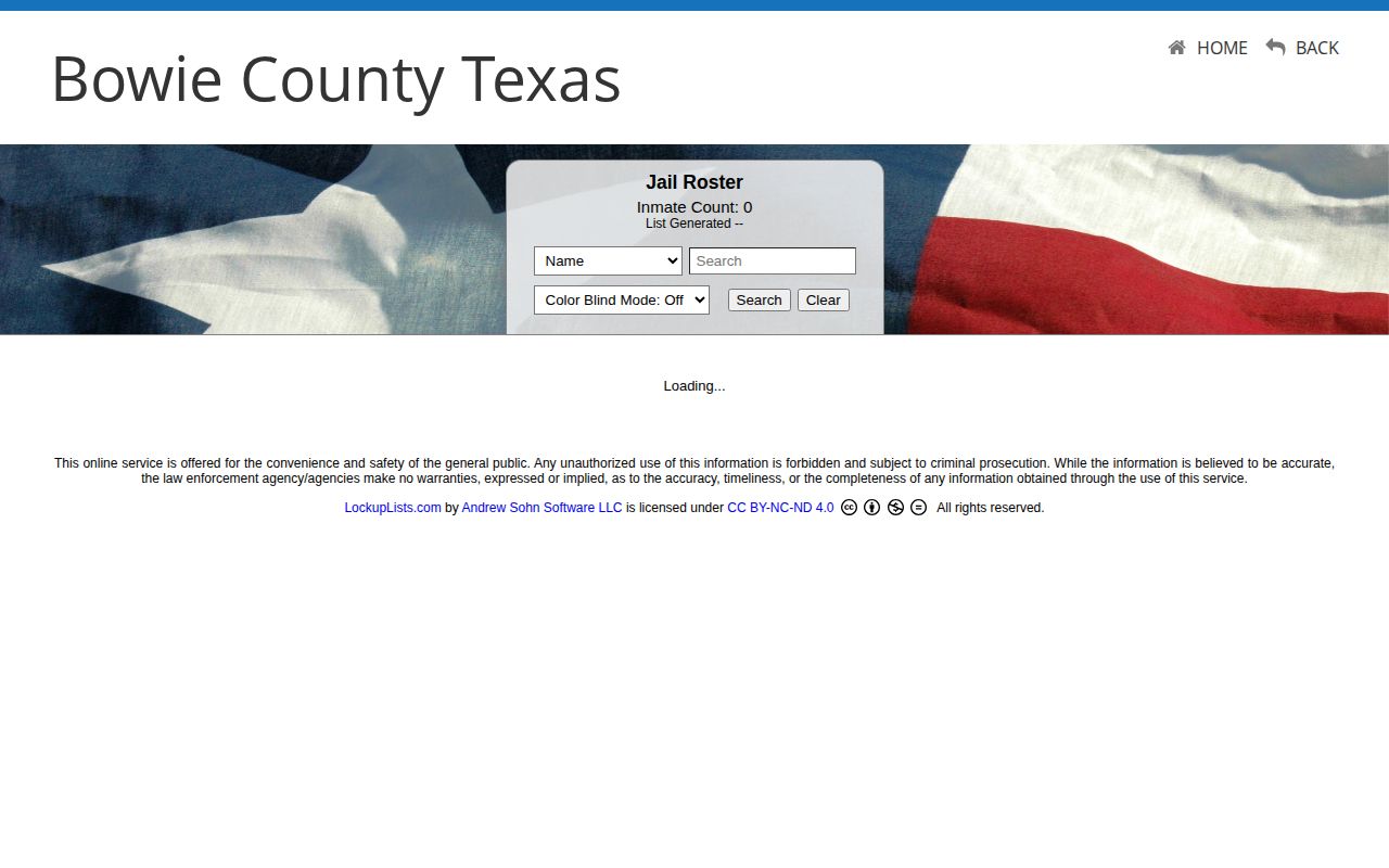 Bowie County current custody roster search and booking record fields