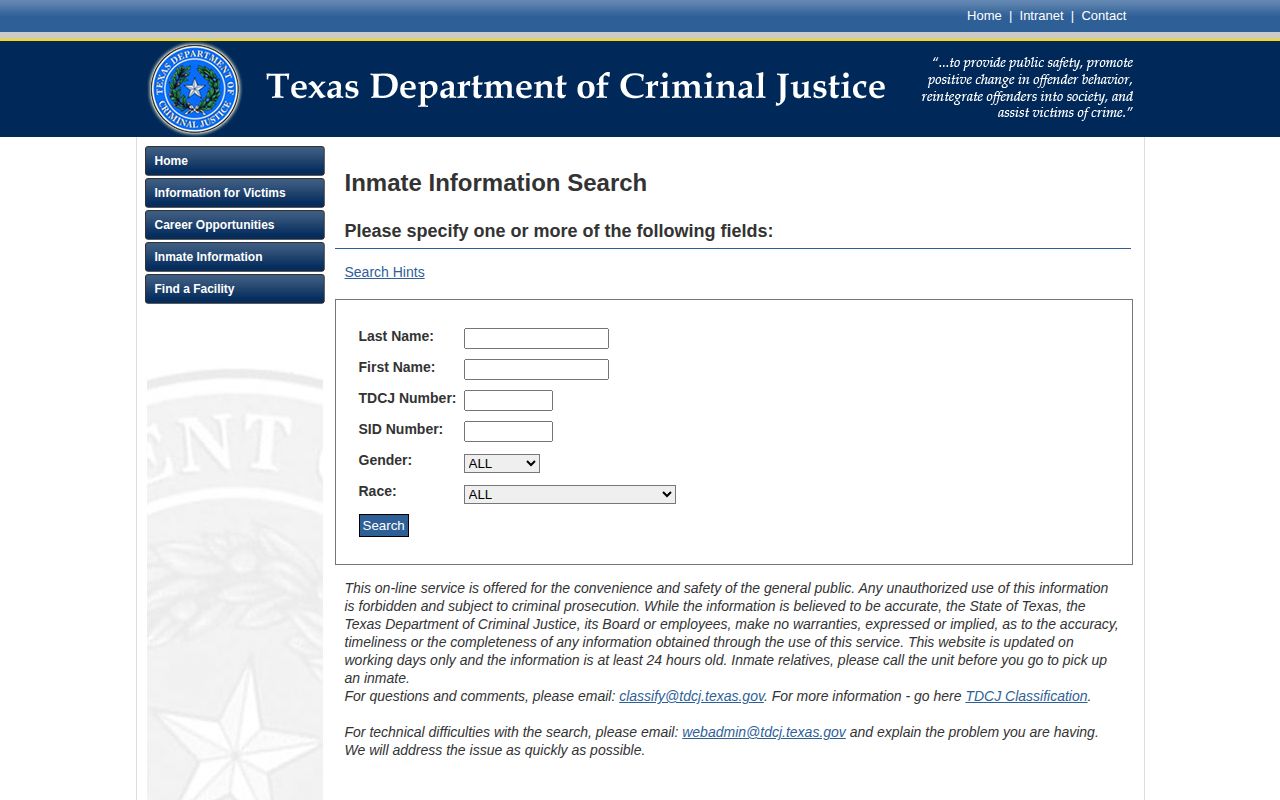 Bowie County state custody record route through TDCJ inmate search
