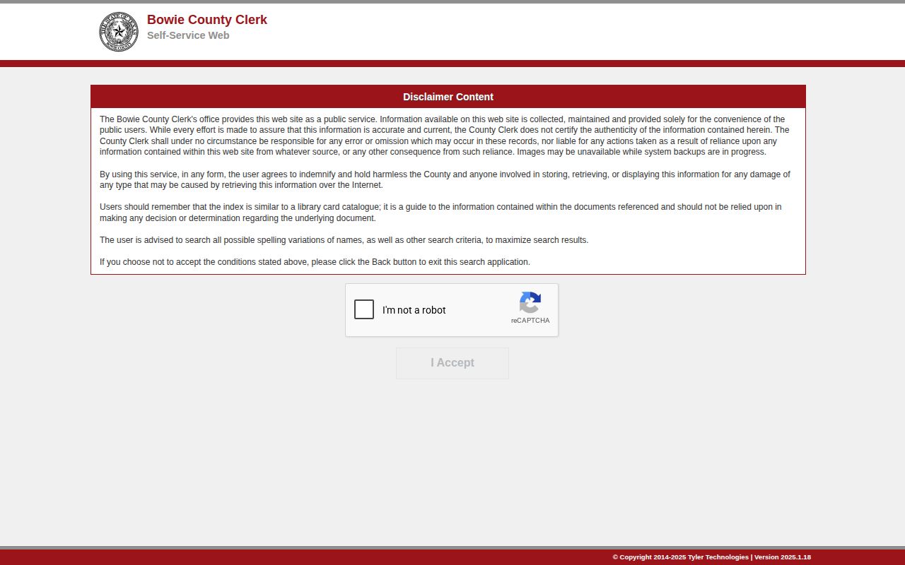 Bowie County court-record search disclaimer for warrant record research